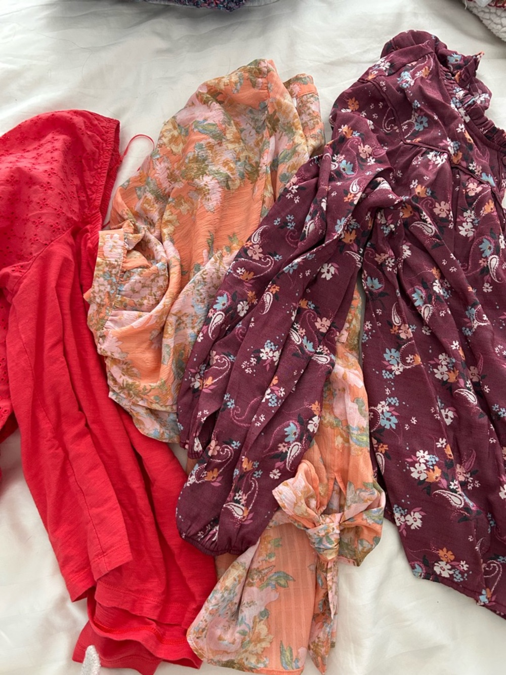 Sanctuary Mixed Floral Long Sleeve Tops in Red, Peach, and Burgundy
